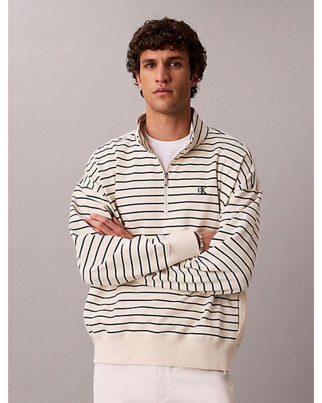 Calvin Klein White Relaxed Stripe Quarter Zip Sweatshirt for men