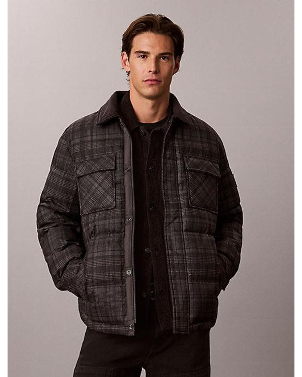 Calvin Klein Brown Jeans Plaid Check Puffer Shirt Jacket for men