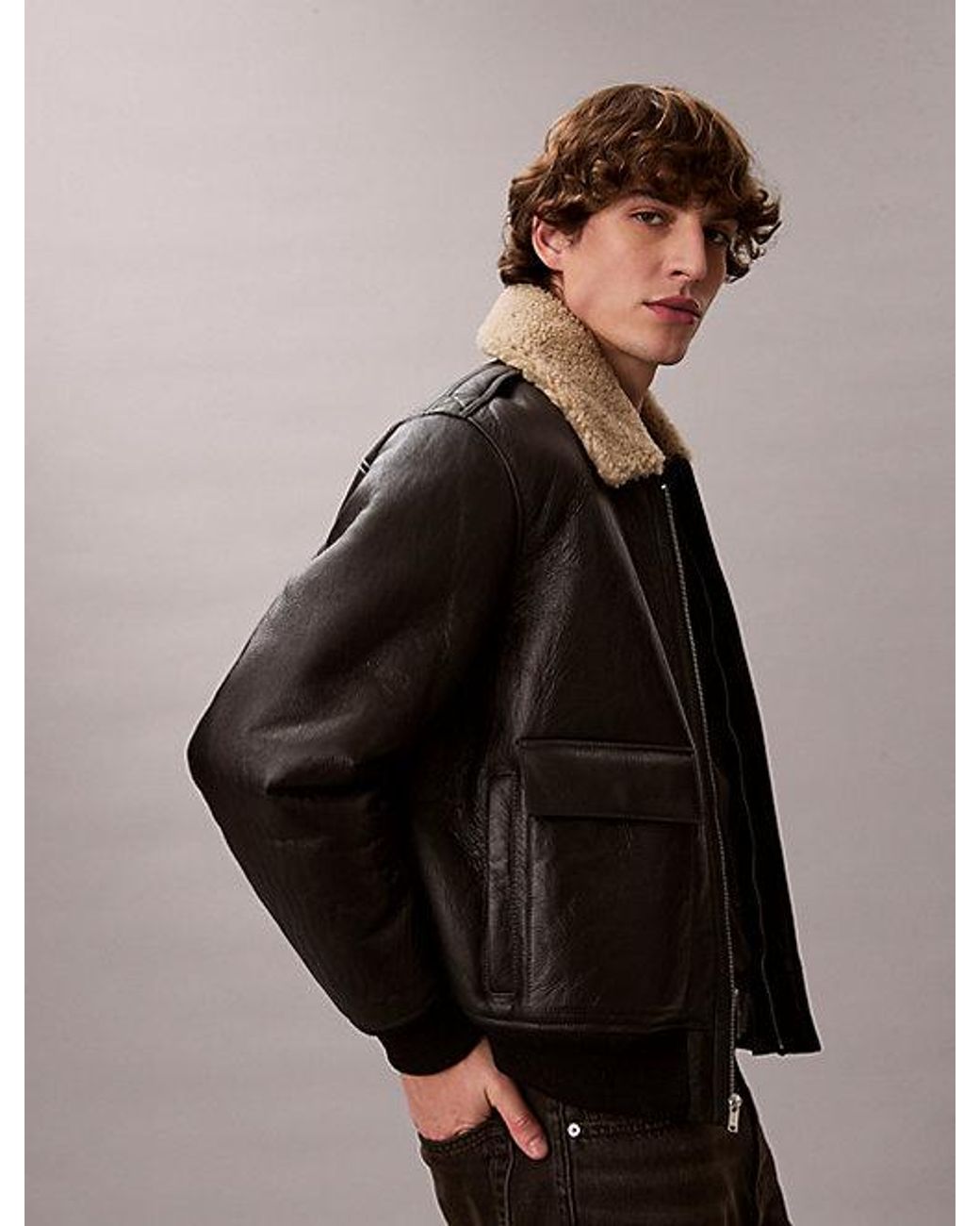 Calvin Klein Black Shearling Leather Flight Jacket for men