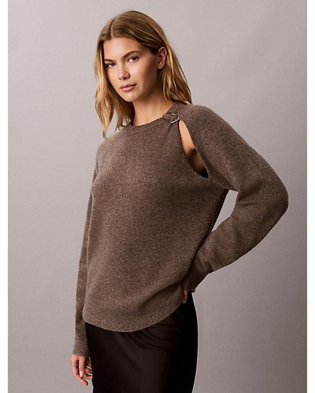 Calvin Klein Brown Wool Cut Out Jumper With Metal Accent