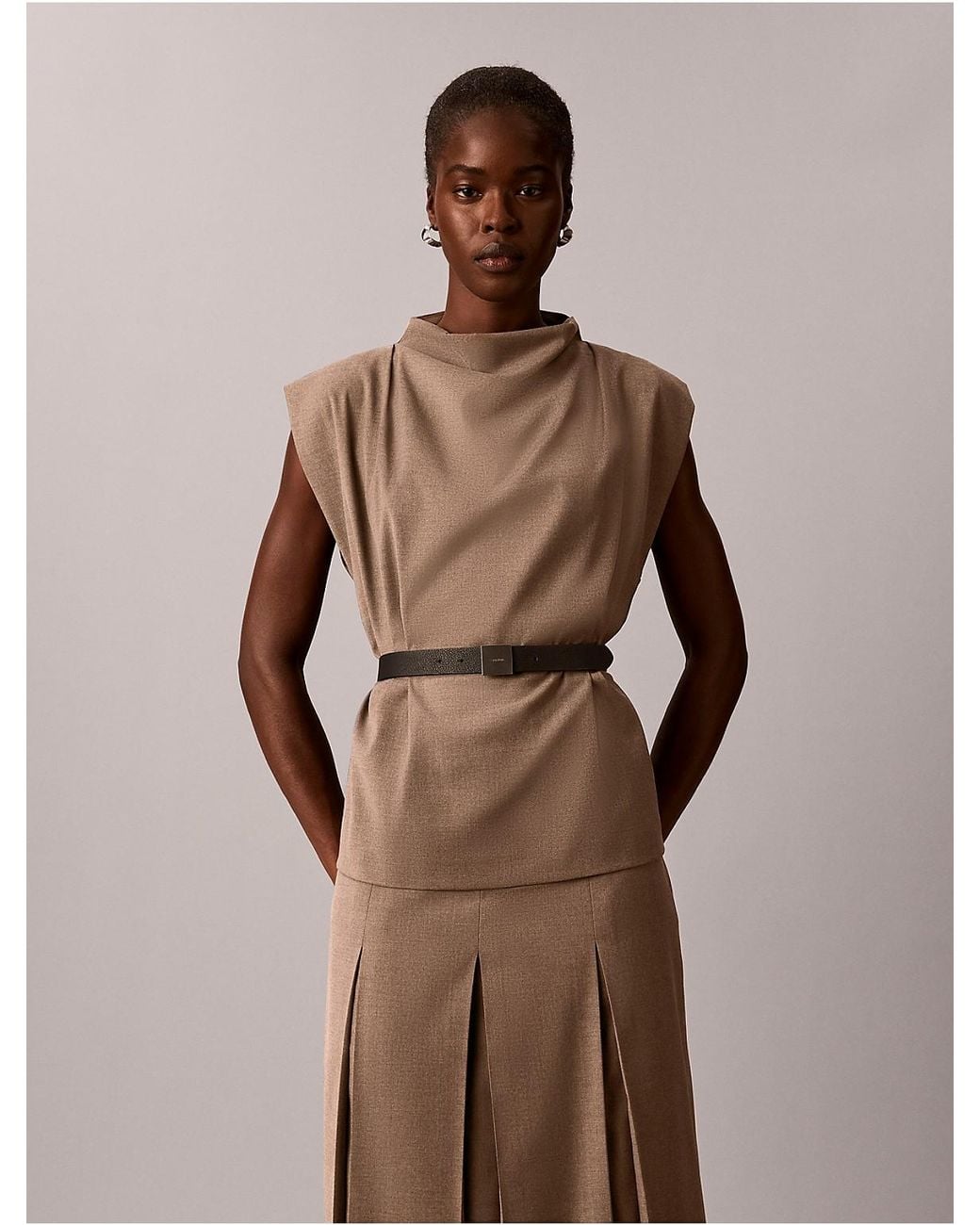 Calvin Klein Brown Stretch Drape Neck Belted Shell