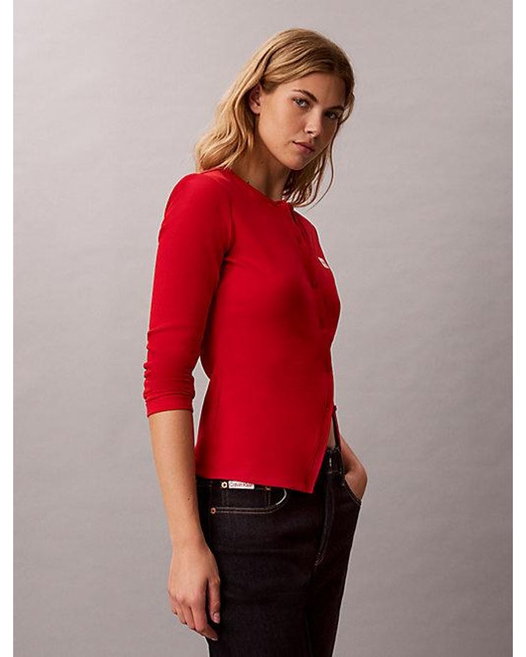 Calvin Klein Red Jeans Woven Monologo Rib Cardigan