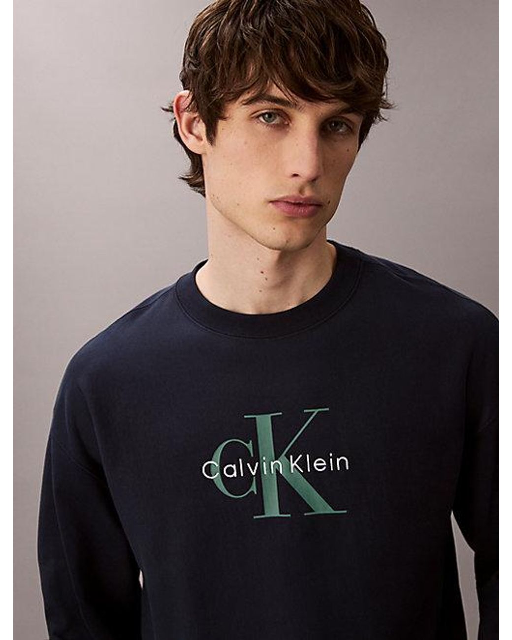 Calvin Klein Blue Jeans Premium Terry Monogram Logo Relaxed Sweatshirt for men