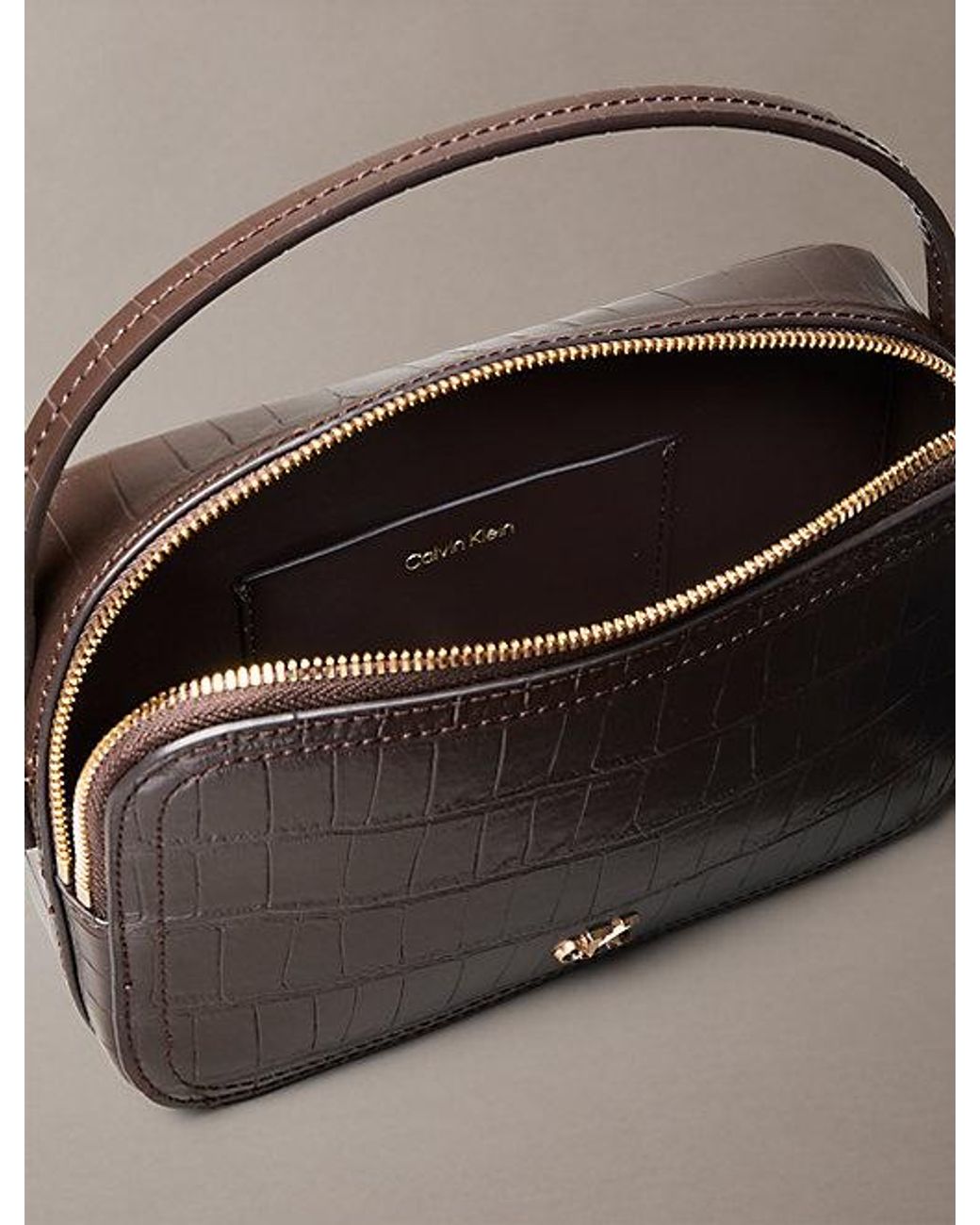 Calvin Klein Brown Monogram Crocodile Camera Bag