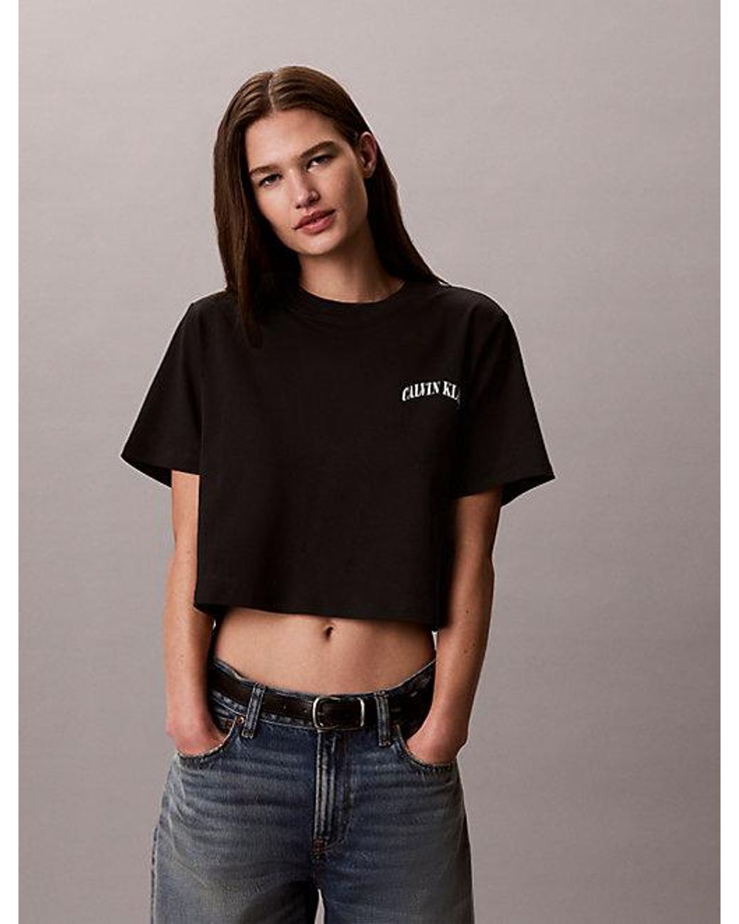 Calvin Klein Black Jeans Boxy Embroidered Logo T-Shirt