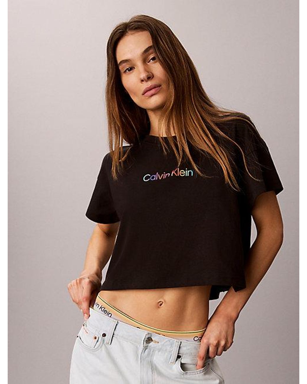 Calvin Klein Black Cropped Lounge T-Shirt Icon Cotton Stretch