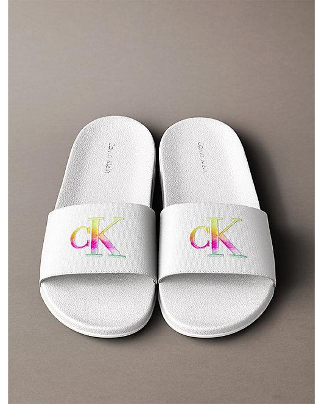 Calvin Klein White Canvas Contoured Logo Sliders Pride