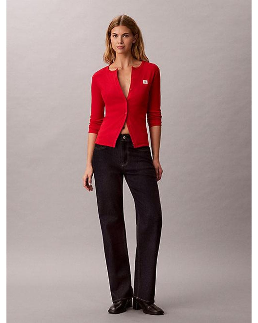 Calvin Klein Red Jeans Woven Monologo Rib Cardigan