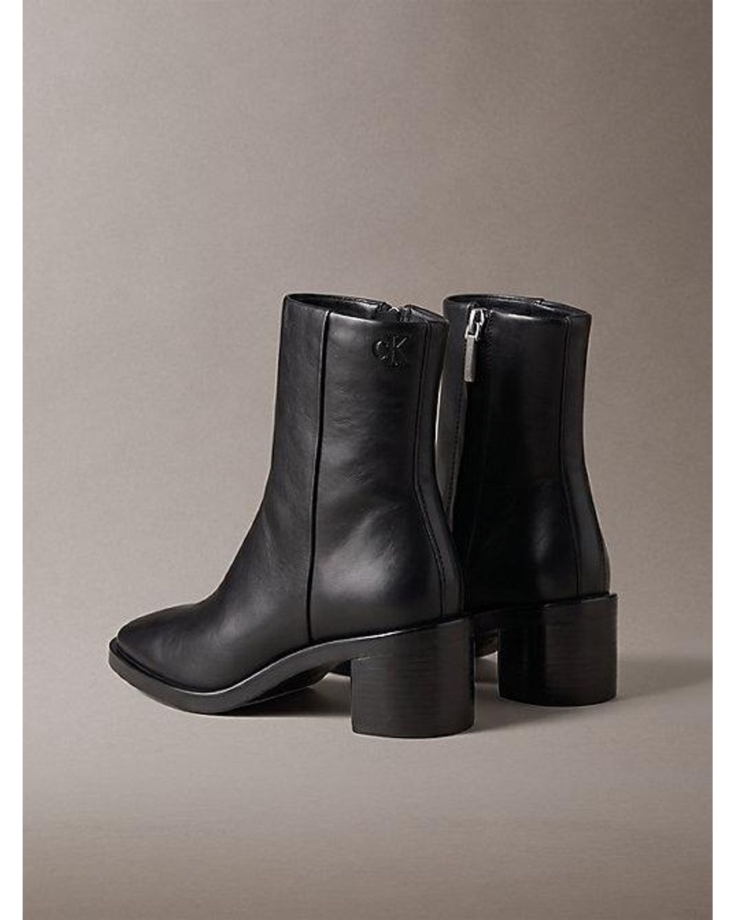 Calvin Klein Black Leather Block Heel Ankle Boots
