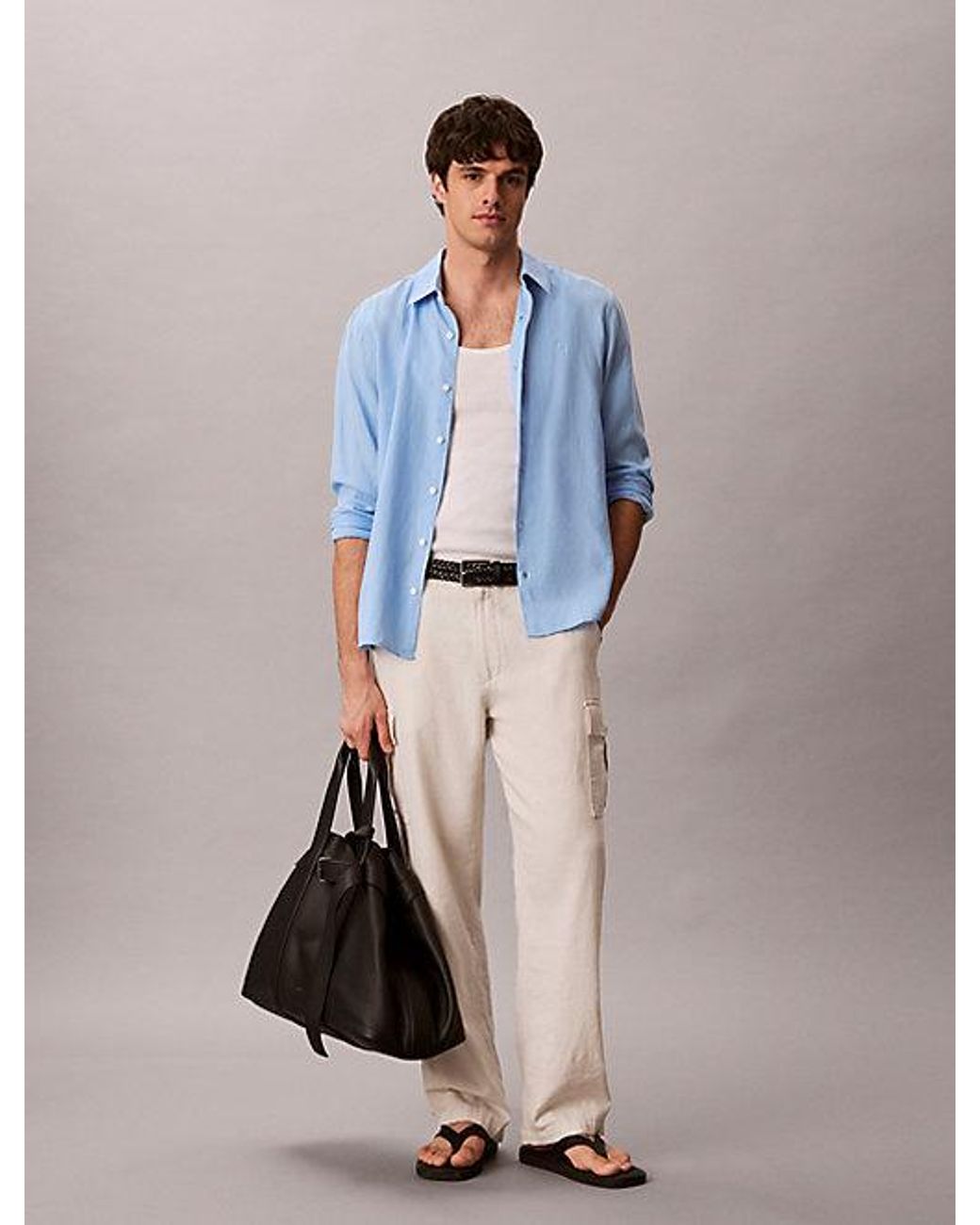 Calvin Klein Blue Solid Linen Blend Classic Shirt for men