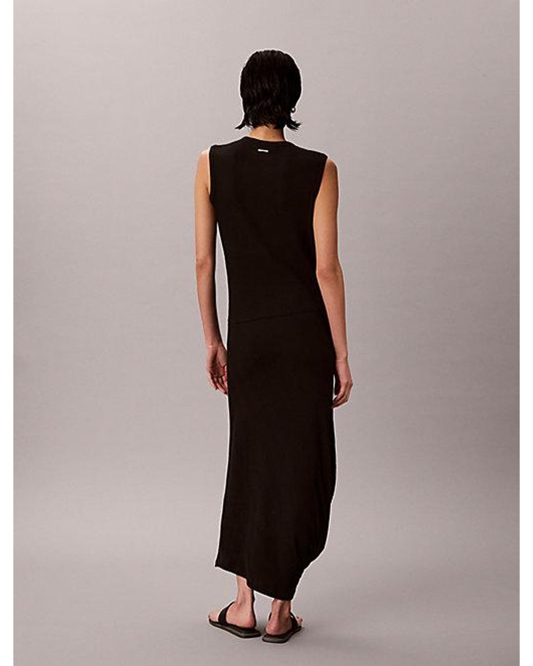 Calvin Klein Black Ribbed Cotton Asymmetric Midi Dress