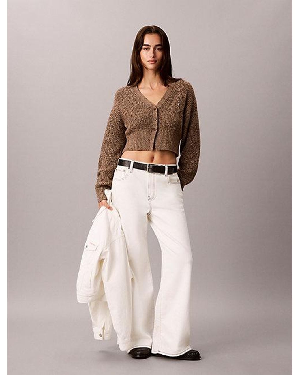 Calvin Klein Brown Jeans Cropped Wool Blend Mouliné Cardigan