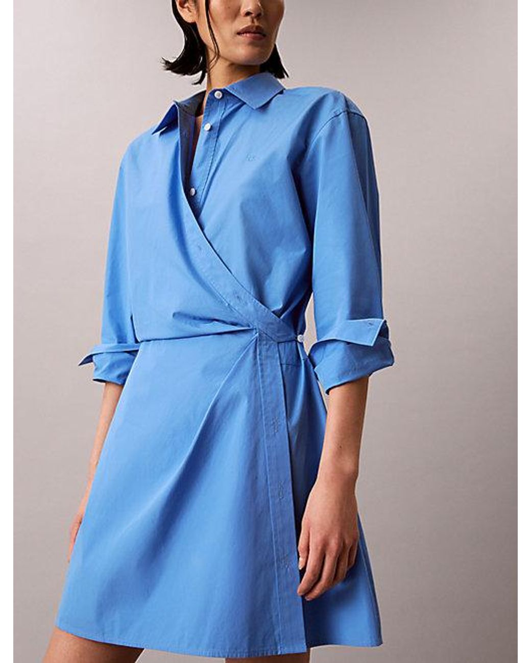 Calvin Klein Blue Jeans Cotton Poplin Wrap Shirt Dress
