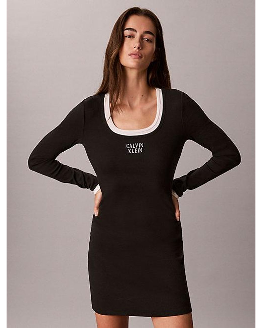 Calvin Klein Black Jeans Logo Graphic Rib Mini Dress