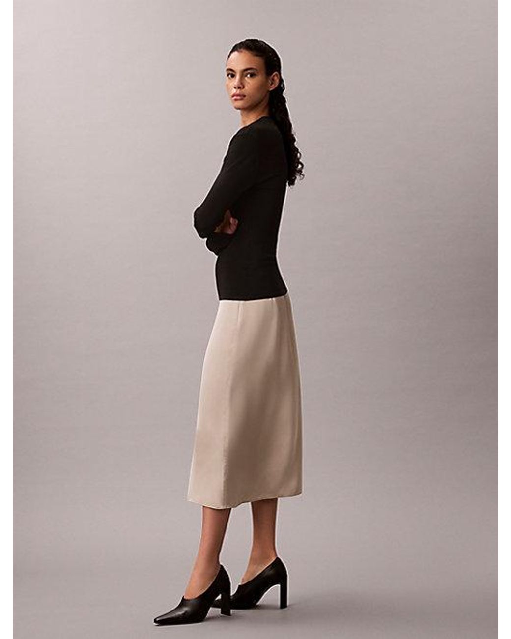Calvin Klein Brown Matte Shine Satin Midi Skirt