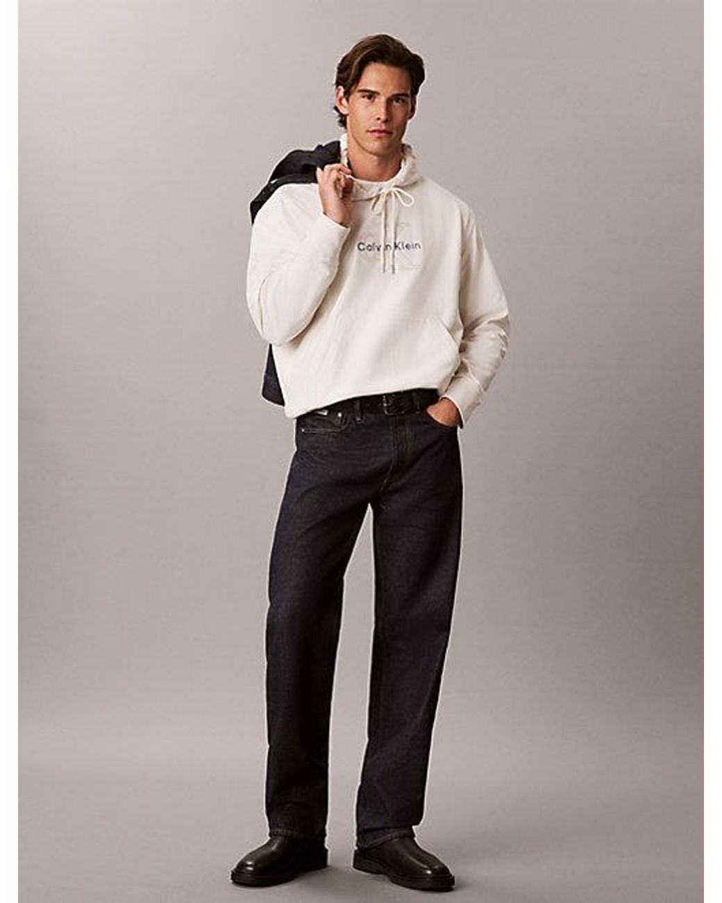 Calvin Klein White Jeans Premium Terry Denim Logo Hoodie for men