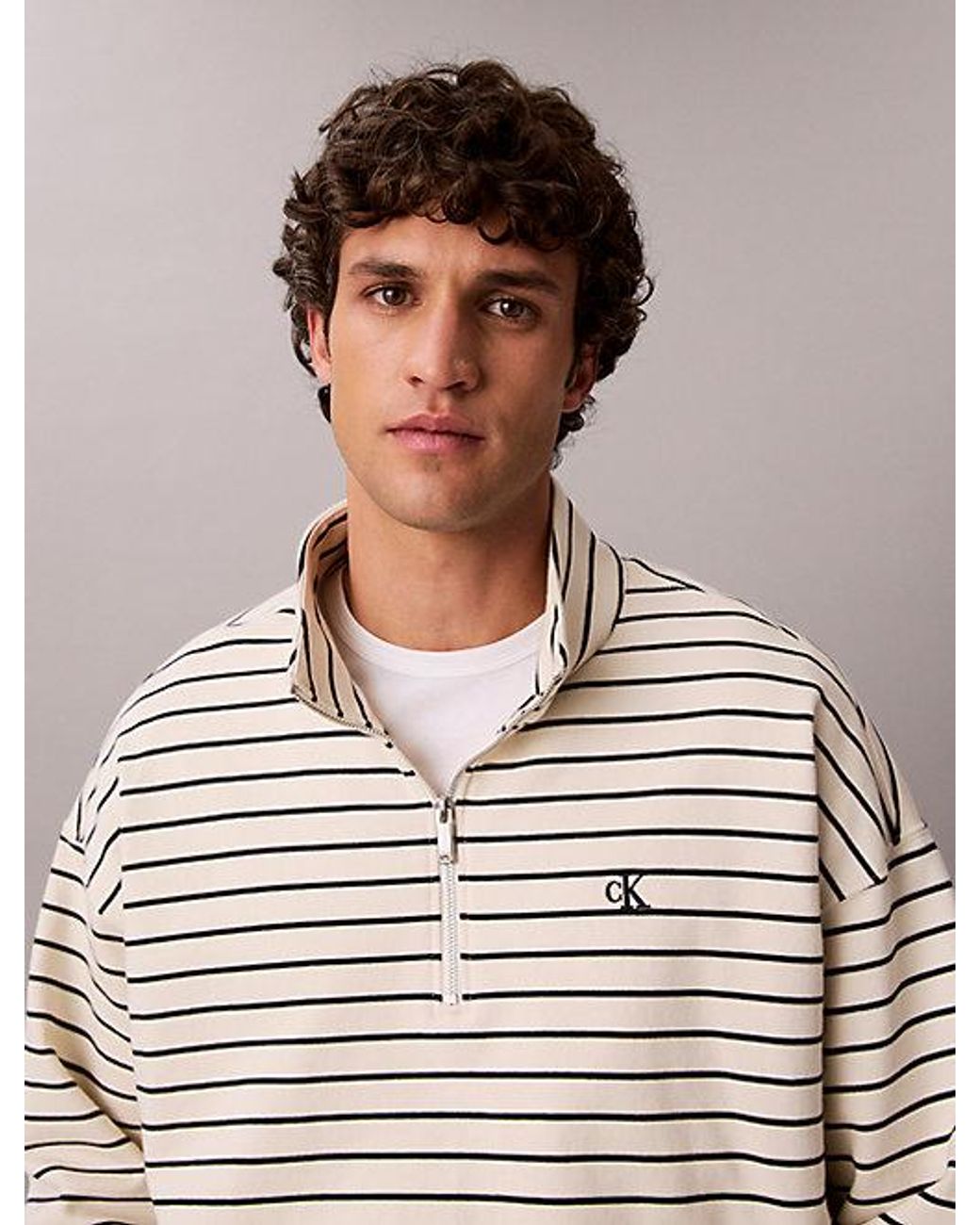 Calvin Klein White Relaxed Stripe Quarter Zip Sweatshirt for men