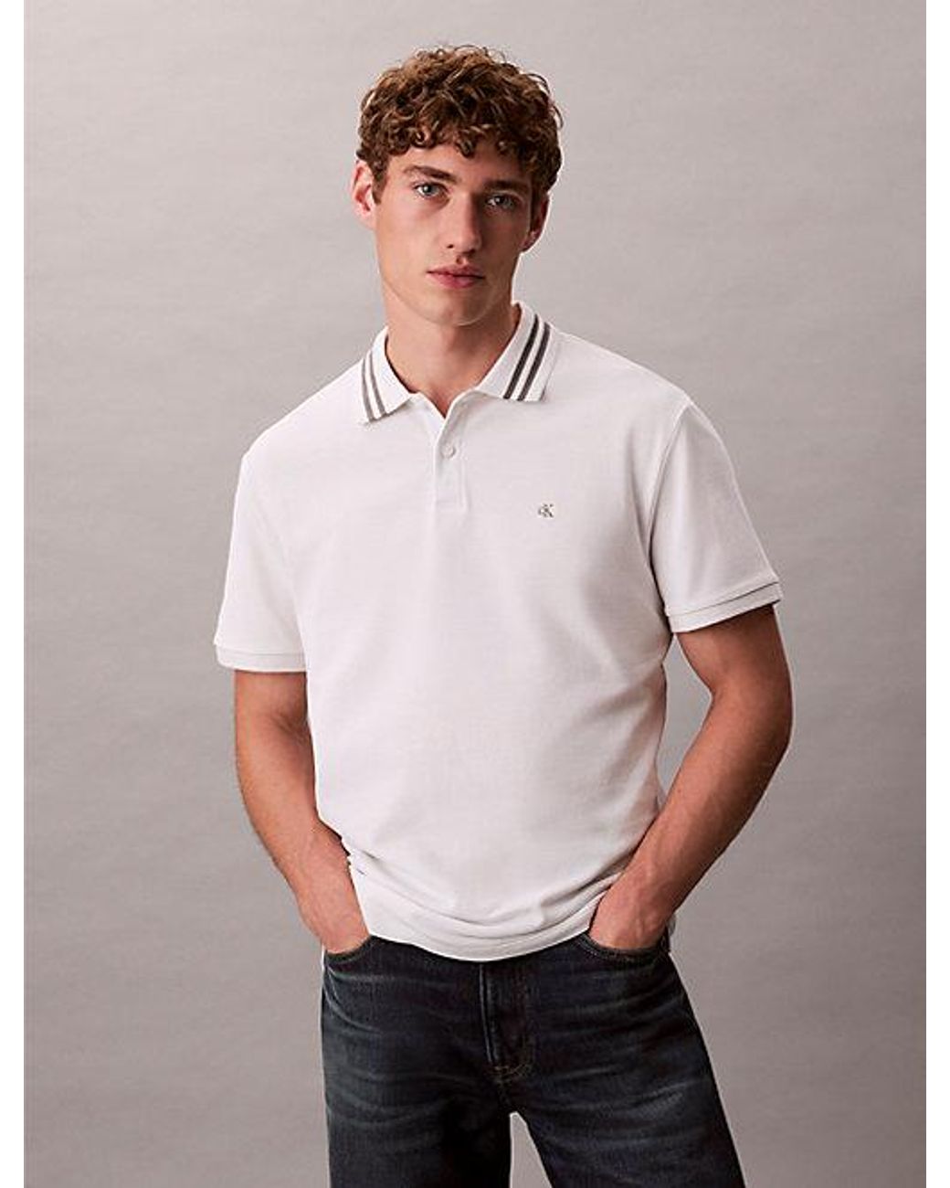 Calvin Klein White Jeans Monogram Pique Tipped Classic Polo Shirt for men