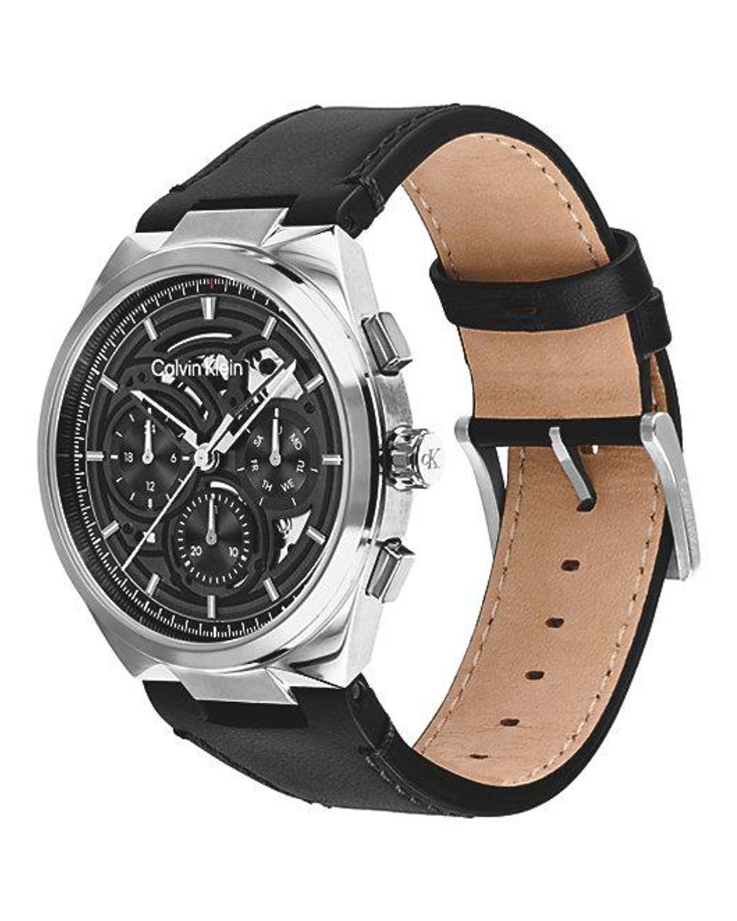 Calvin Klein Black Multifunction Leather Strap Skeleton Watch for men