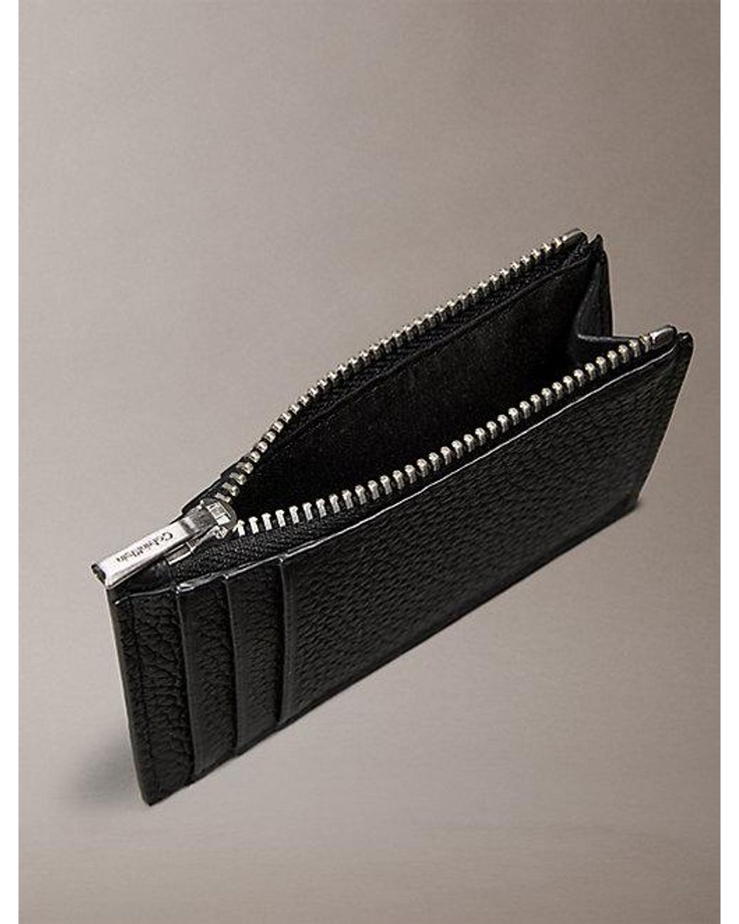 Calvin Klein Gray Full Grain Leather Rfid Zip Cardholder for men