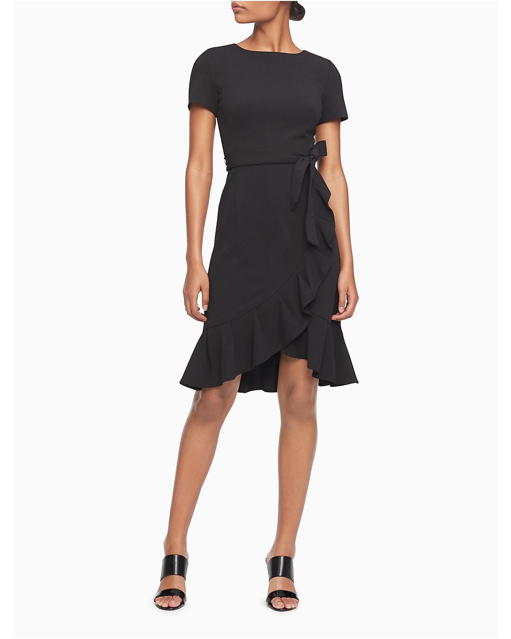 Calvin Klein Belted Ruffle Hem Short Sleeve Dress in Black | Lyst
