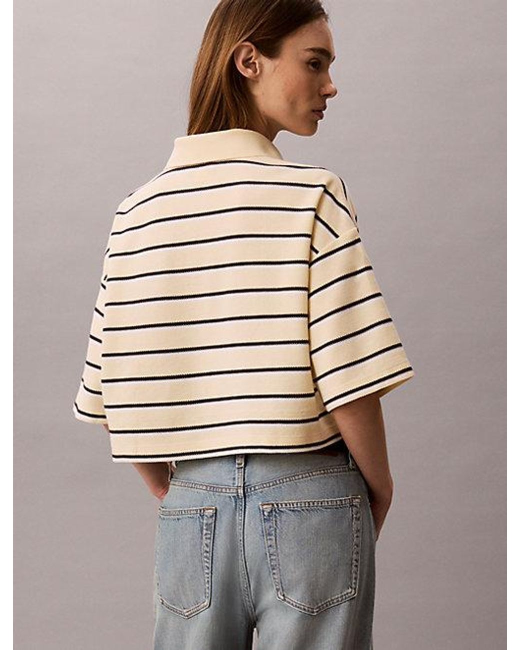 Calvin Klein Natural Jeans Stripe Cropped Boxy Polo Shirt