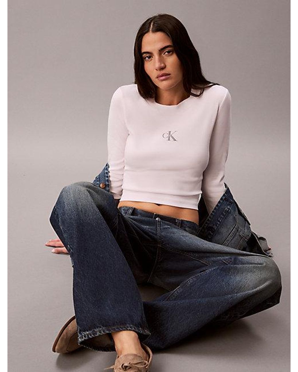 Calvin Klein Pink Jeans Monologo Long Sleeve Rib Baby Tee