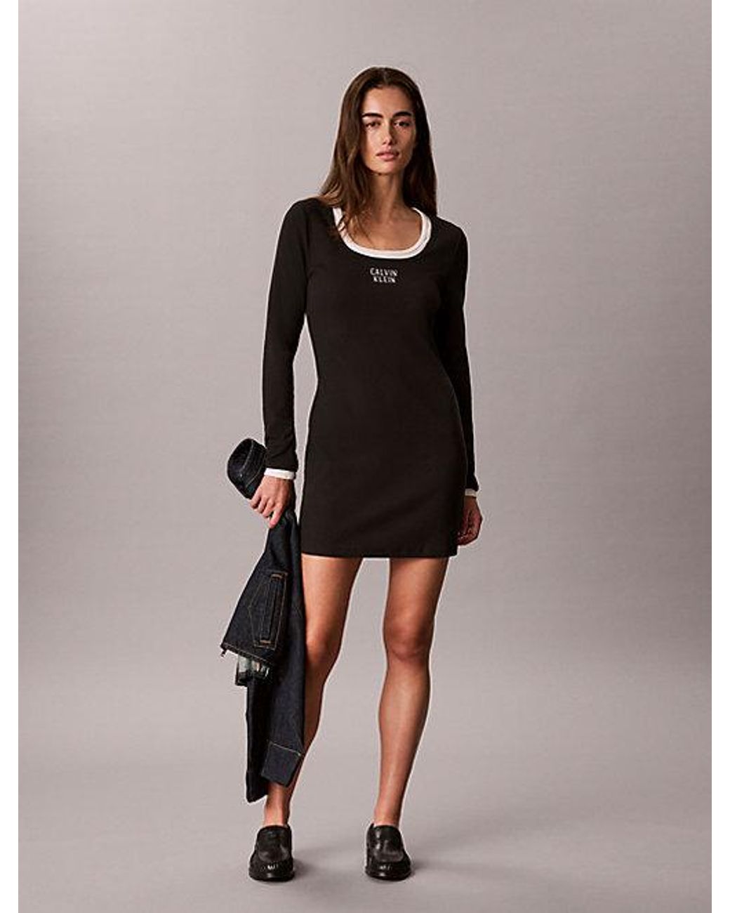 Calvin Klein Black Jeans Logo Graphic Rib Mini Dress