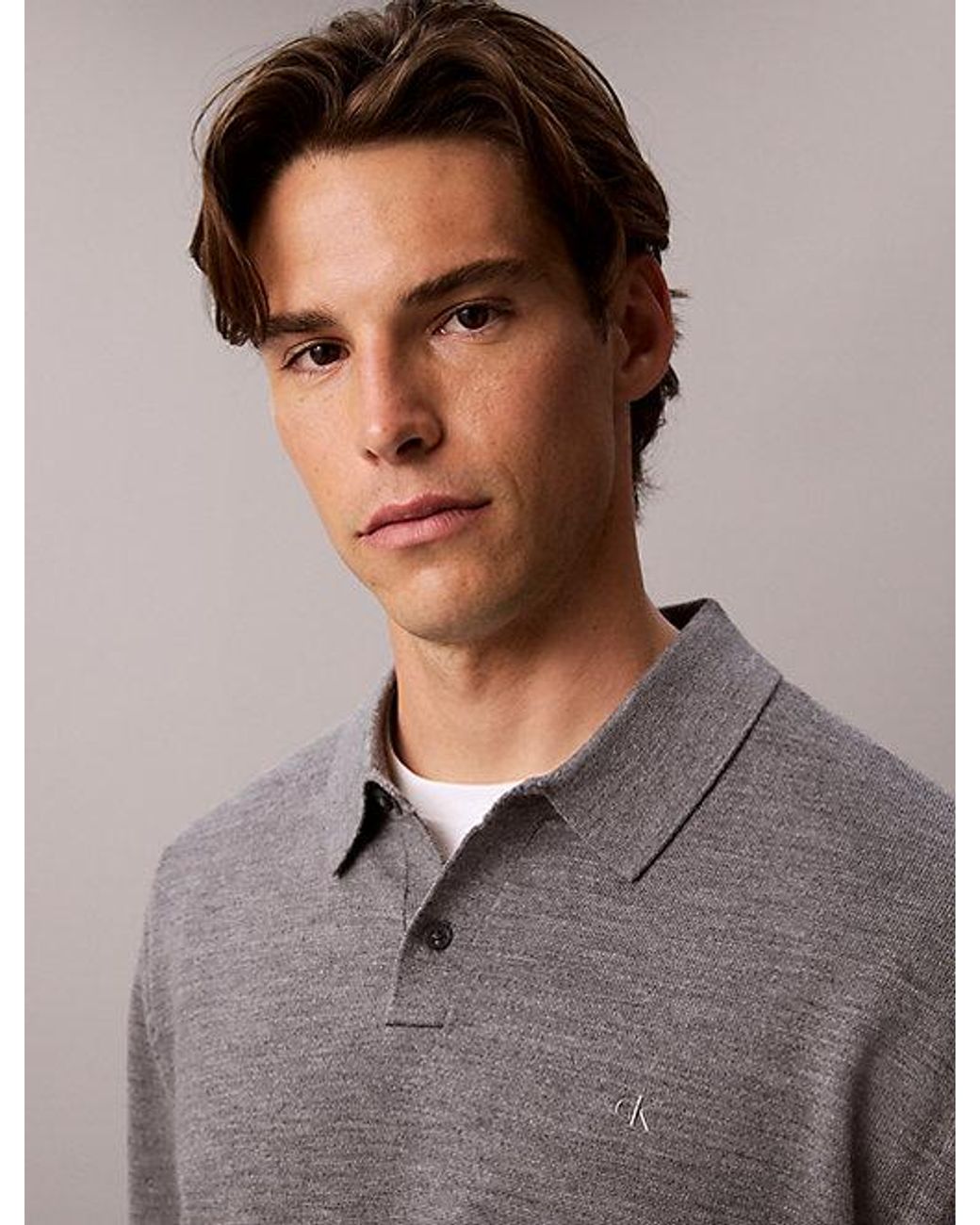 Calvin Klein Gray Merino Wool Polo Jumper for men