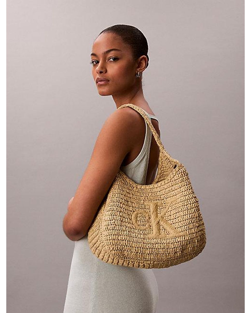 Calvin Klein Natural Large Hand Braided Raffia Shoulder Bag