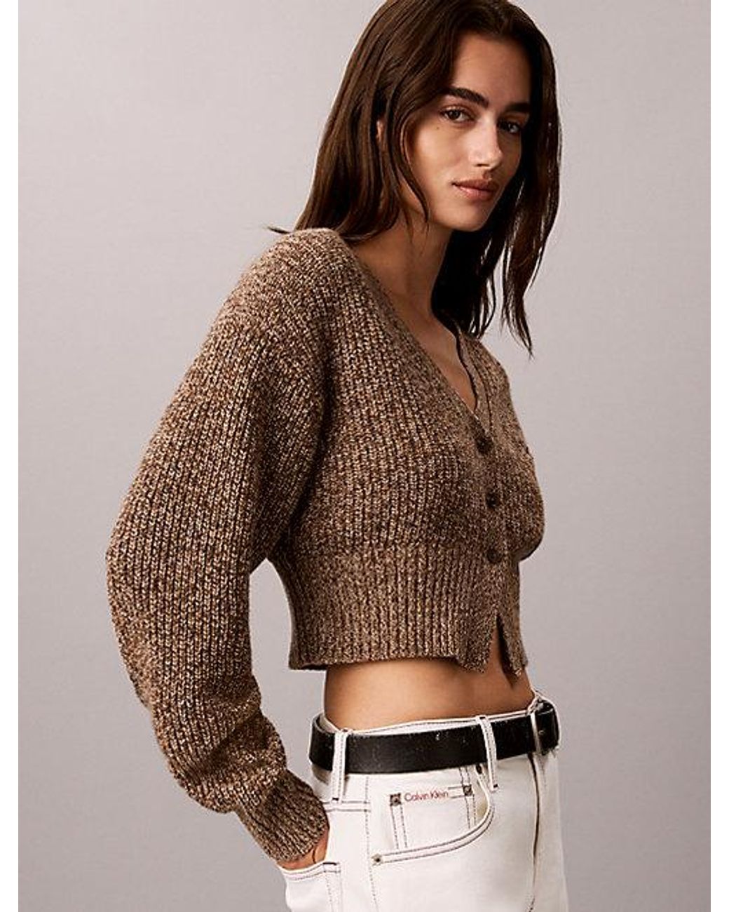 Calvin Klein Brown Jeans Cropped Wool Blend Mouliné Cardigan