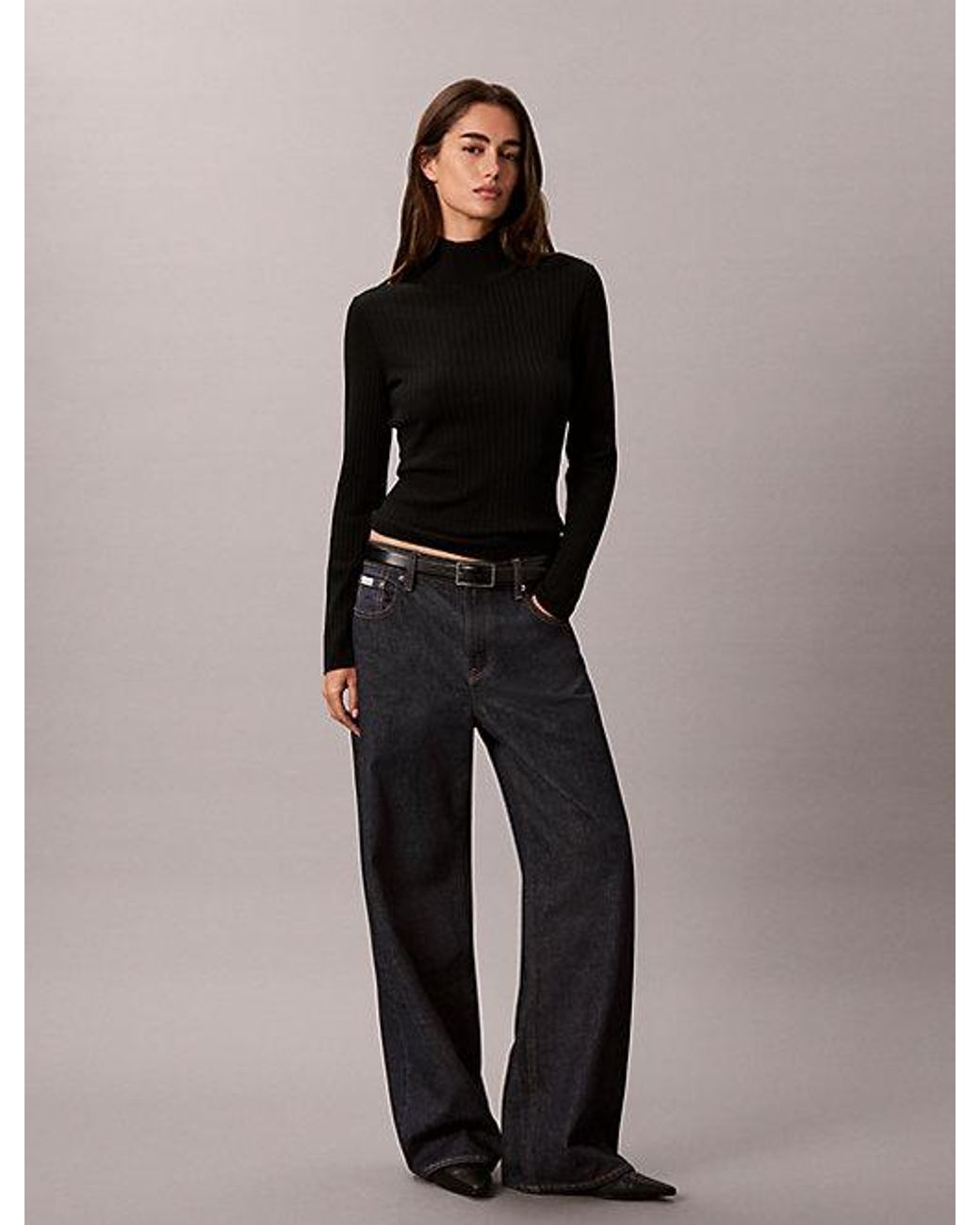 Calvin Klein Black Merino Wool Ribbed Turtleneck Jumper