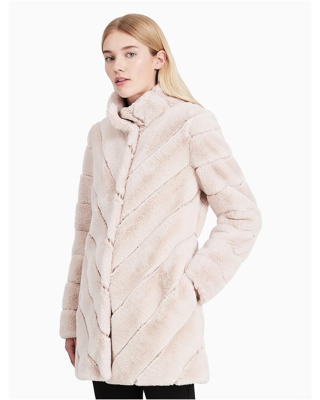 Calvin Klein Chevron Faux Fur Coat | Lyst