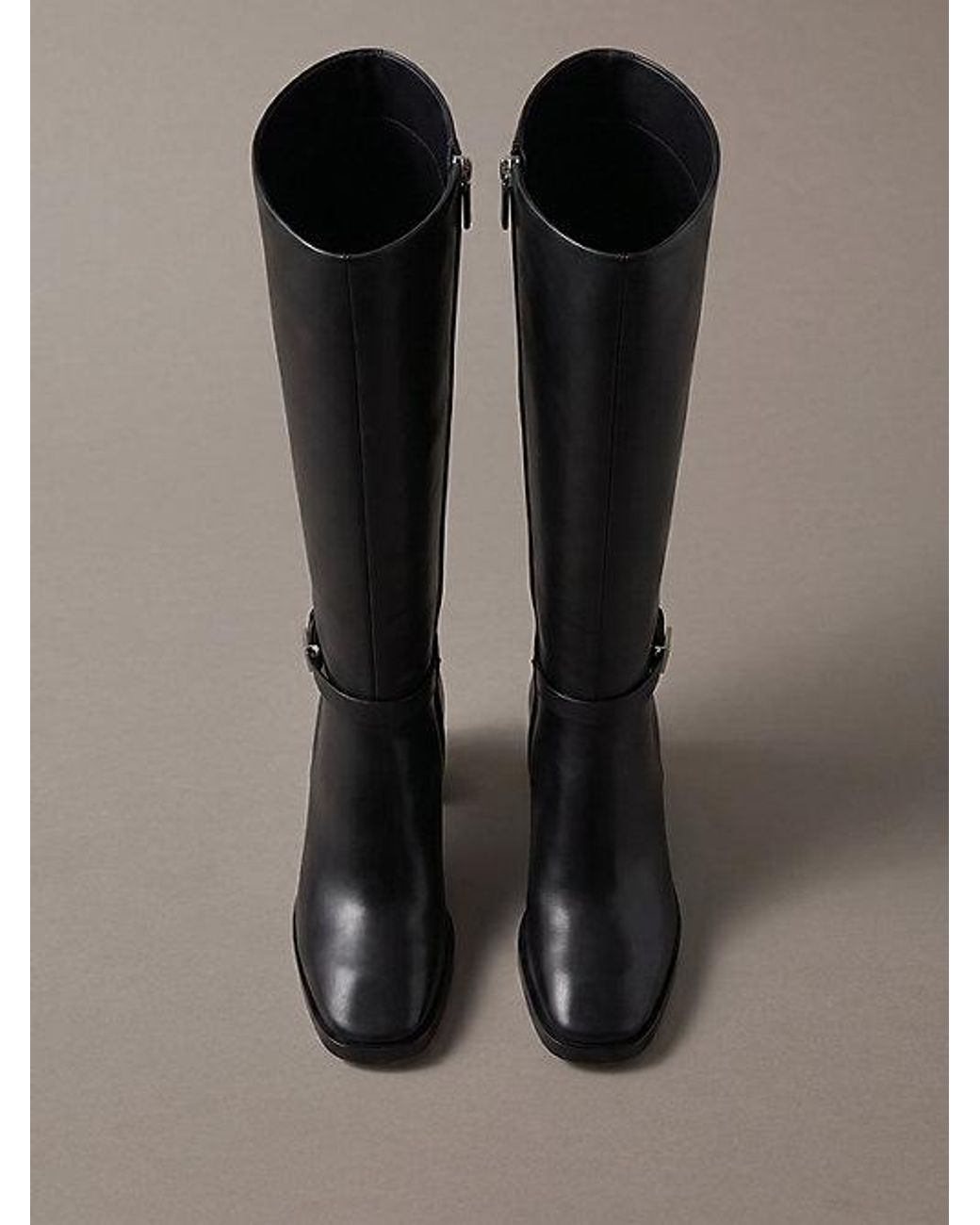 Calvin Klein Black Leather Block Heel Knee Boots