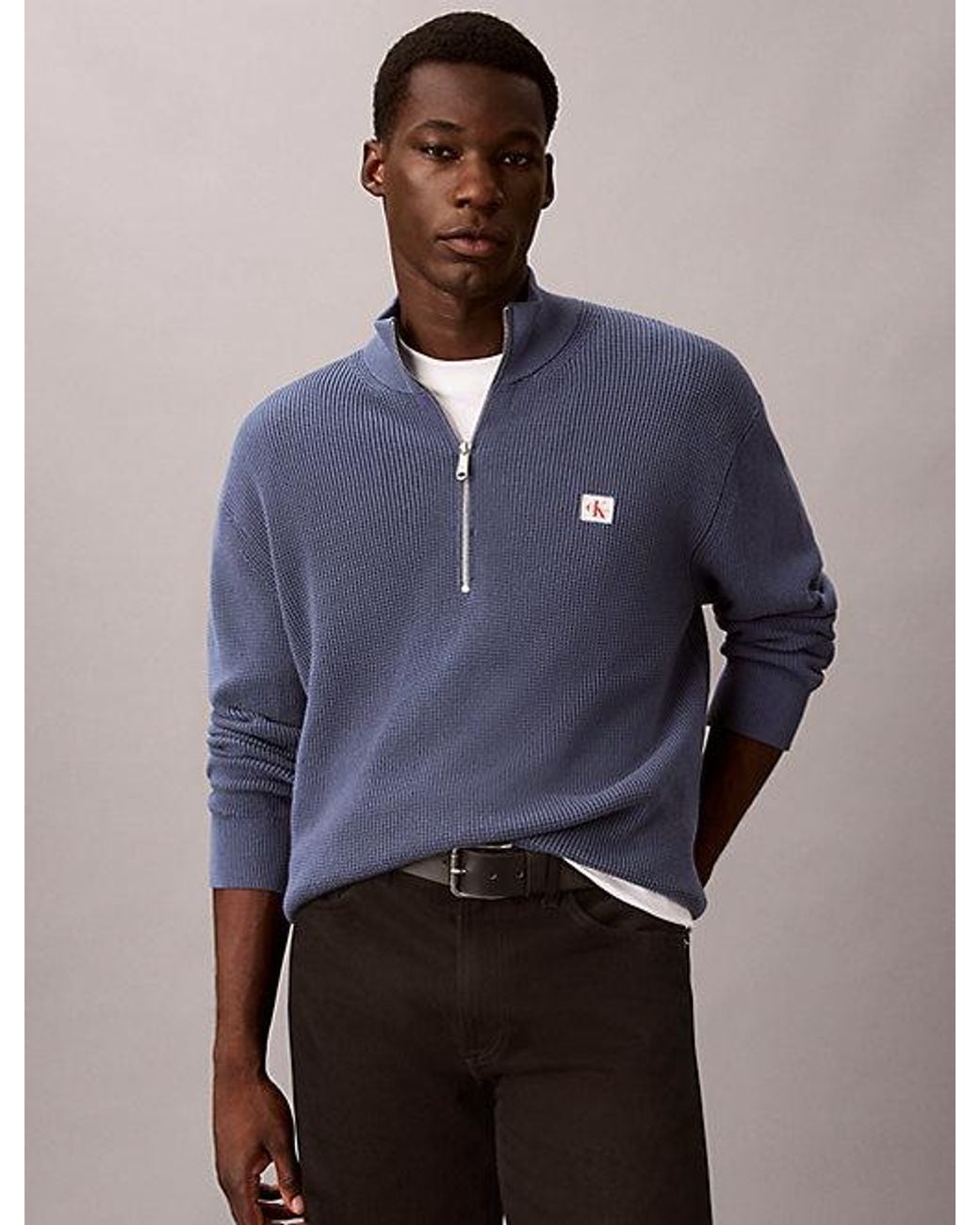 Calvin Klein Blue Jeans Waffle Cotton Half Zip Jumper for men