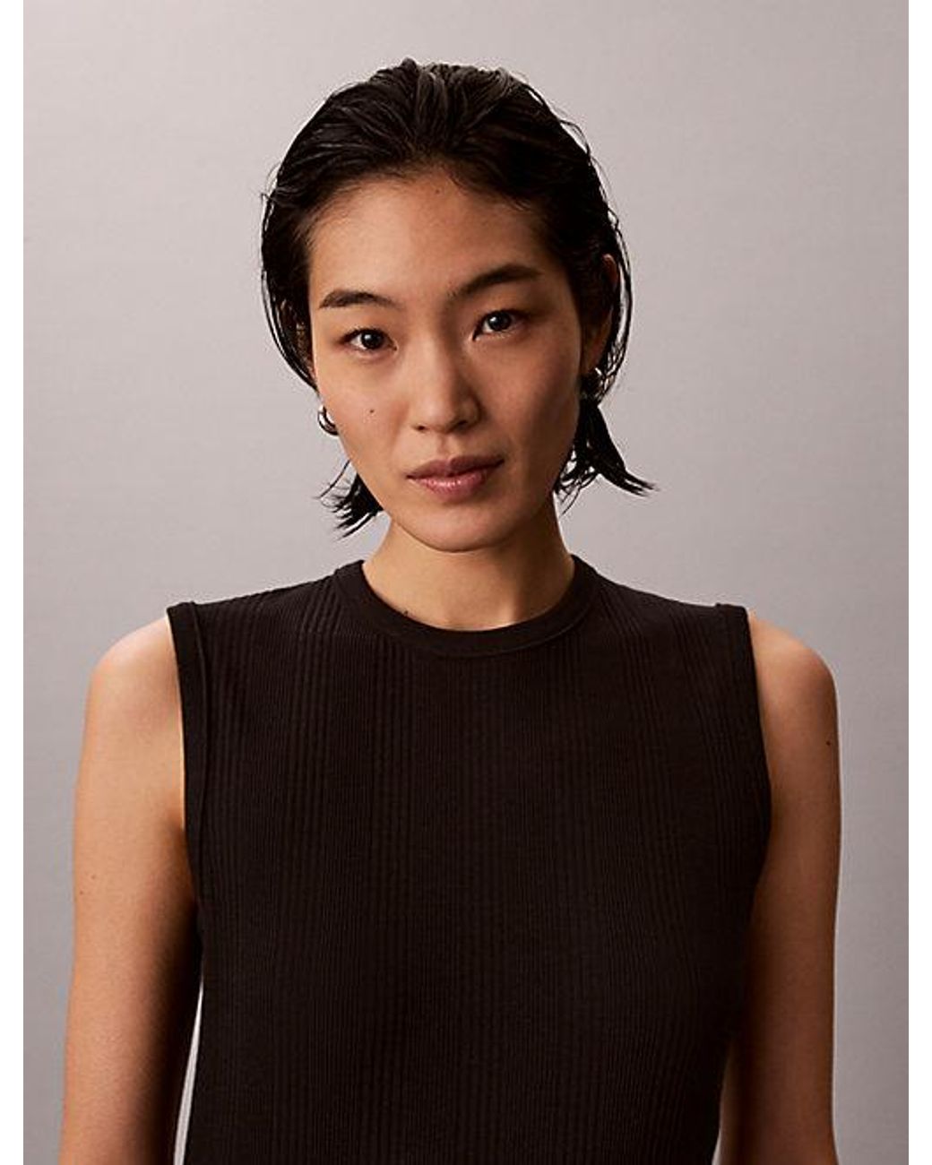 Calvin Klein Black Ribbed Cotton Asymmetric Midi Dress