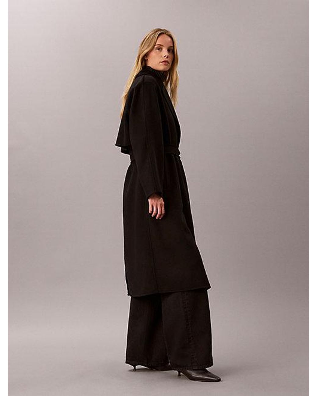 Calvin Klein Black Double Faced Wool Blend Wrap Coat