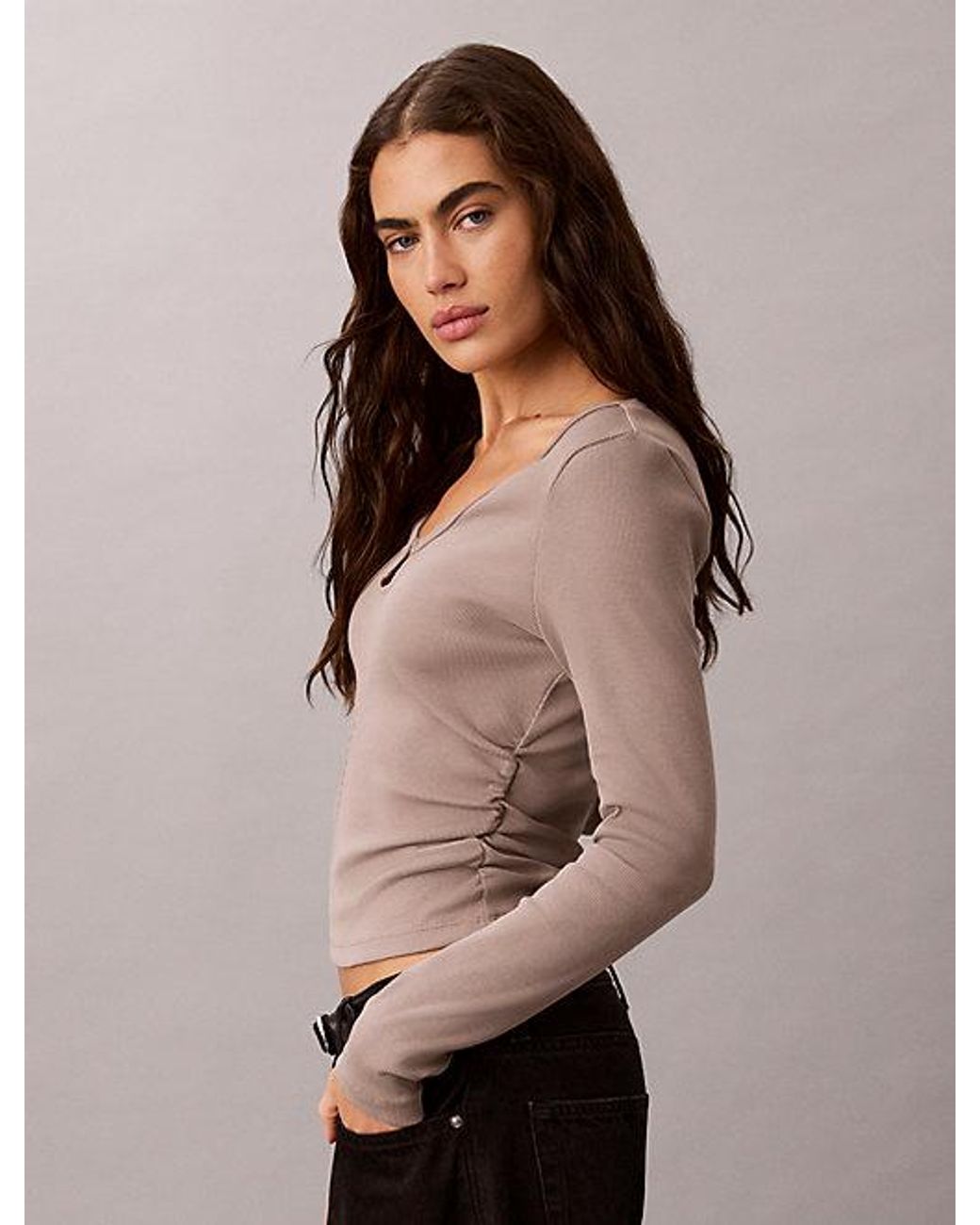 Calvin Klein Gray Jeans Ruched Cotton Top With Metal Detail