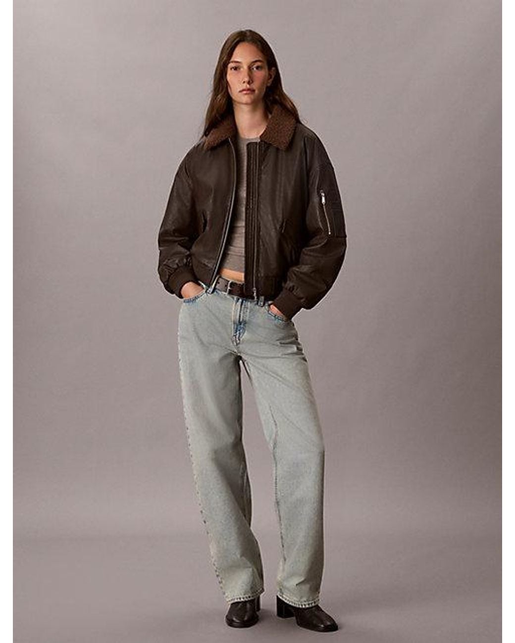 Calvin Klein Brown Jeans Faux Leather Padded Bomber Jacket