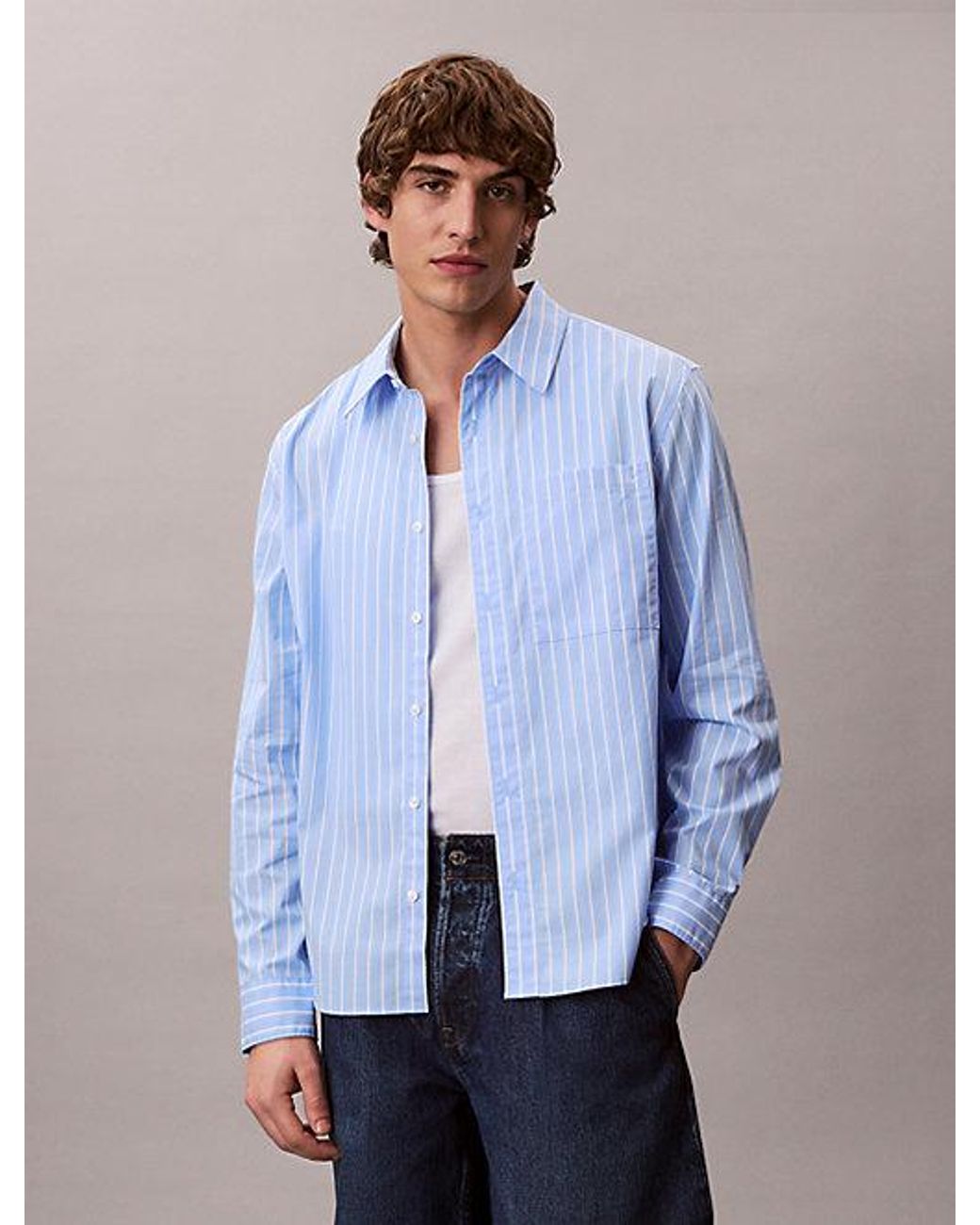 Calvin Klein Blue Cotton Poplin Striped Shirt for men