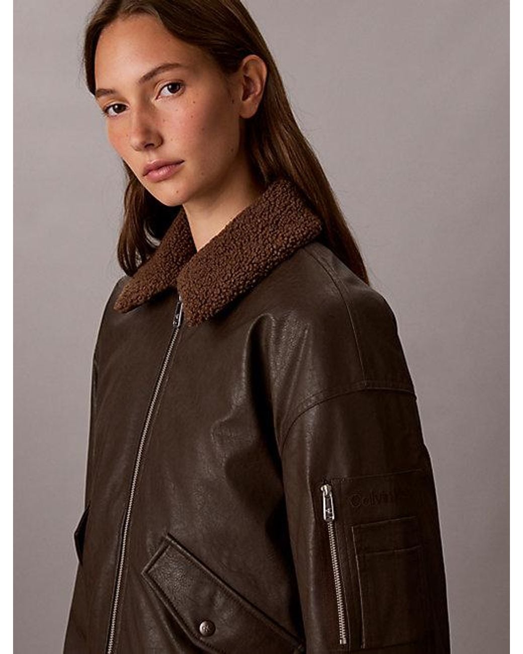 Calvin Klein Brown Jeans Faux Leather Padded Bomber Jacket