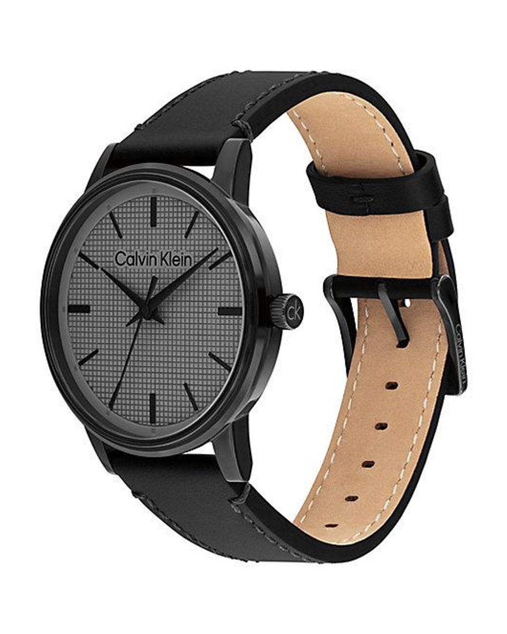 Calvin Klein Gray Textured Dial Leather Strap Watch for men