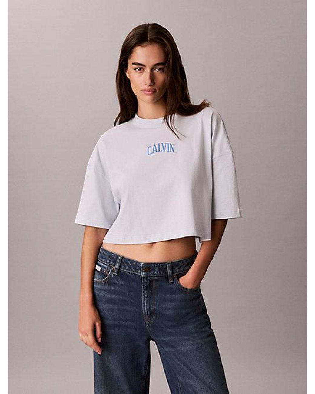 Calvin Klein Purple Jeans Cropped Varsity Logo T-Shirt