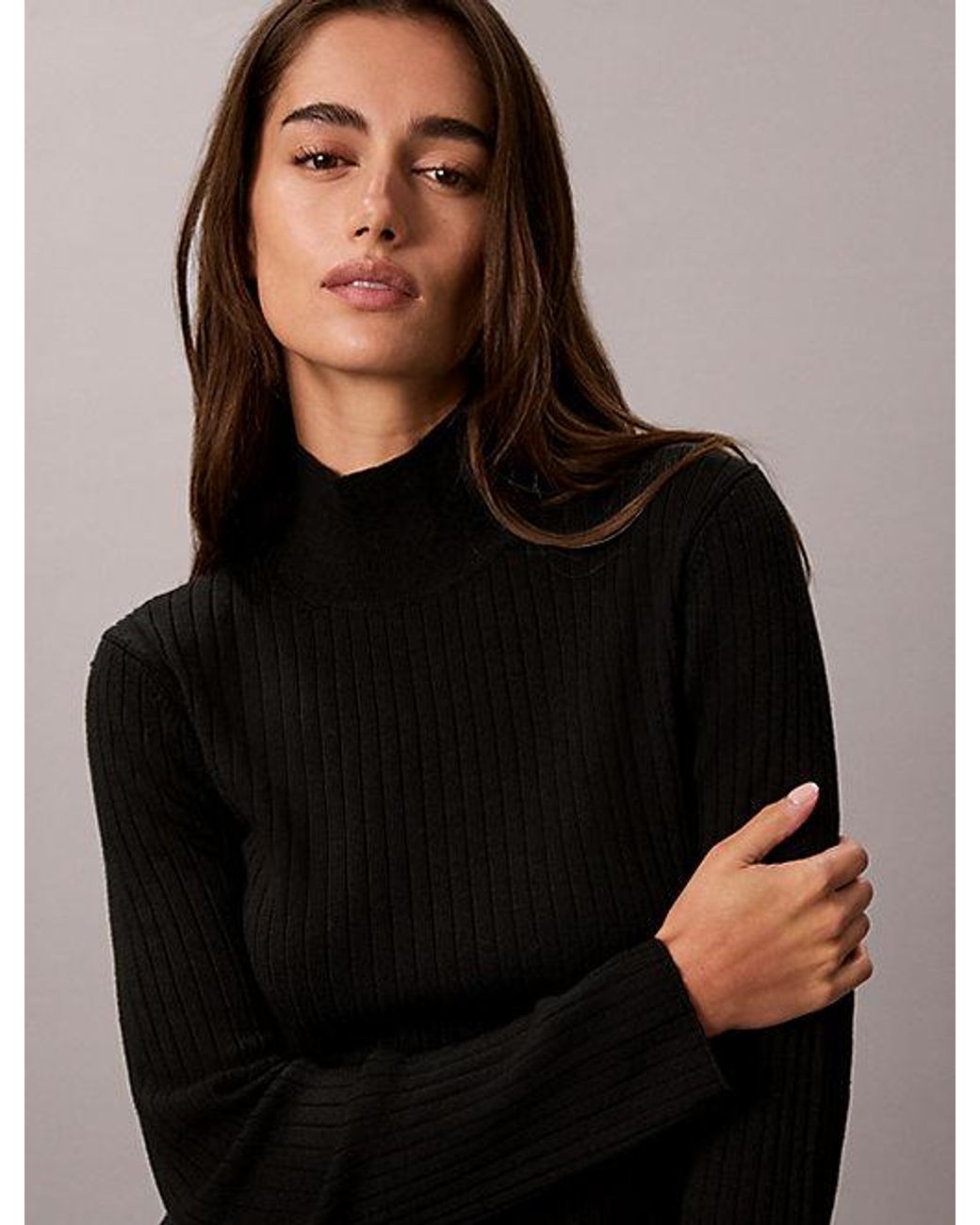 Calvin Klein Black Merino Wool Ribbed Turtleneck Jumper
