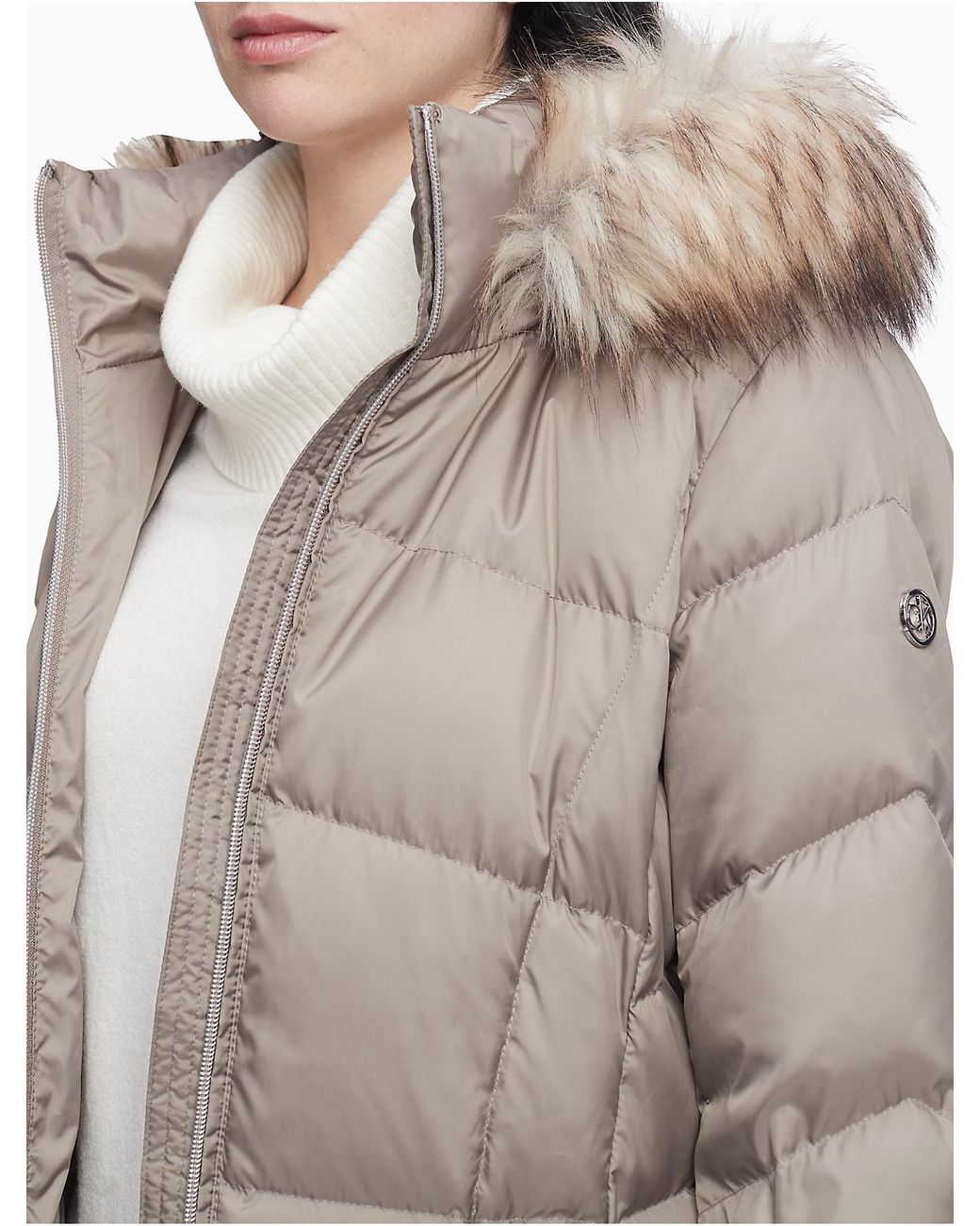 Calvin Klein Faux Fur Hood Down Blend Longline Puffer Coat | Lyst