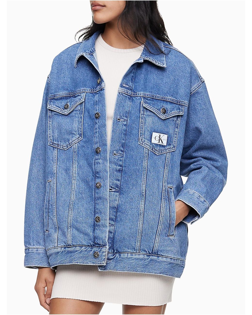 Calvin Klein Mid Blue Long Dad Denim Jacket | Lyst
