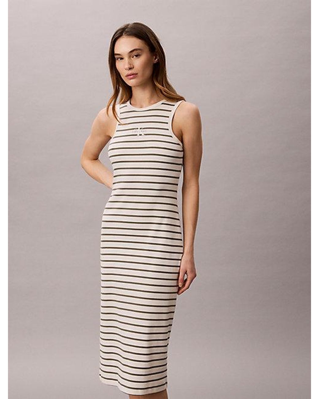 Calvin Klein Natural Jeans Monologo Rib Stripe Midi Dress