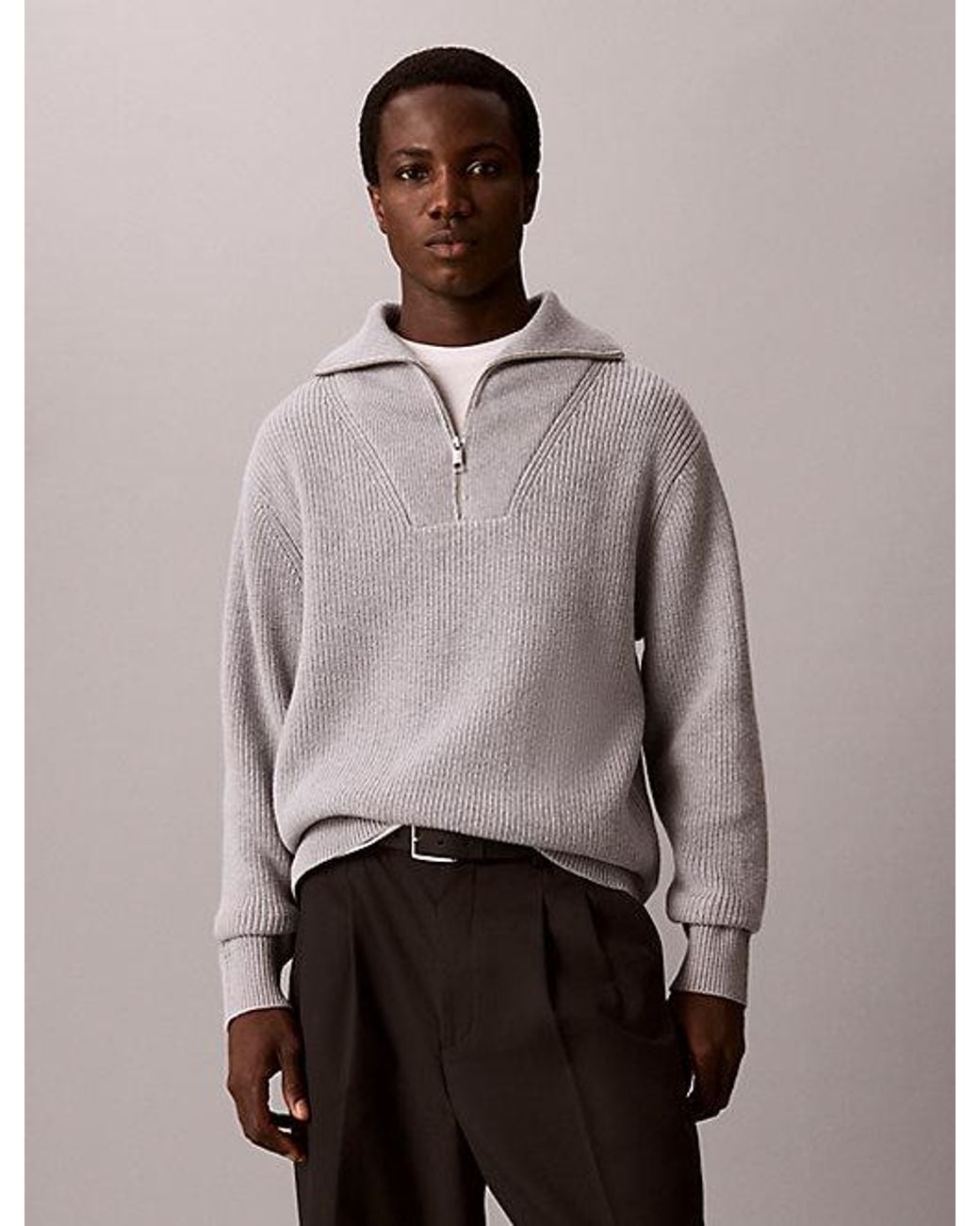 Calvin Klein Gray Cotton Wool Quarter Zip Jumper for men
