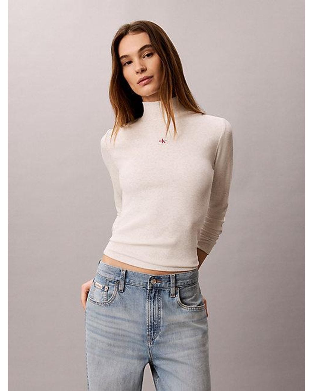 Calvin Klein Gray Jeans Ribbed Cotton Turtleneck Top