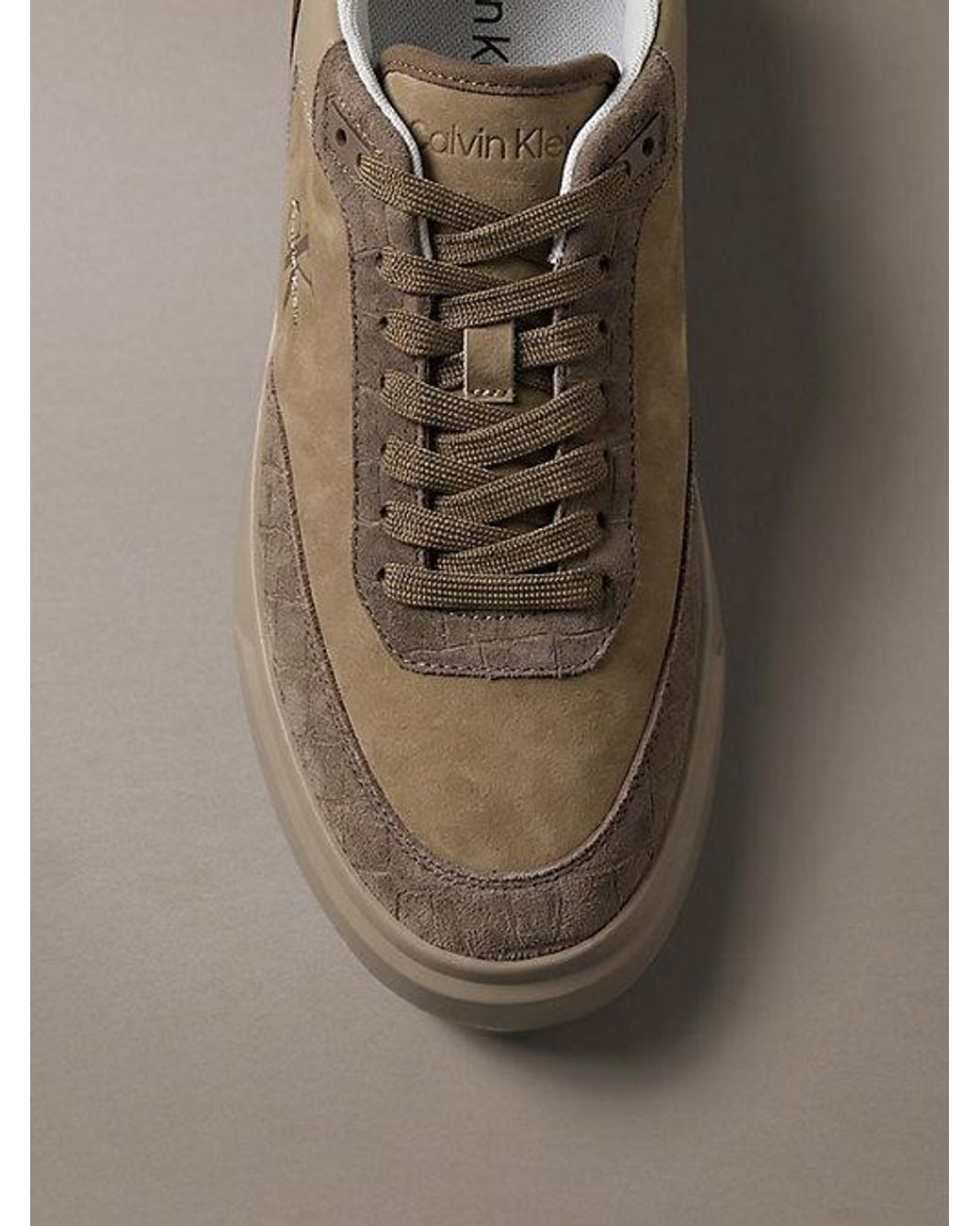 Calvin Klein Brown Suede Croc Effect Signature Trainers for men
